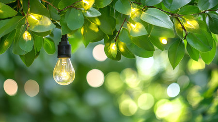 Glowing String Lights Illuminate Lush Green Foliage, Creating Dreamy Bokeh Backgroundの素材