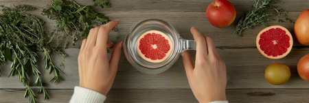 Woman Hands Holding A Glass And Pitcher Of Grapefruit Water Surrounded By Fresh Herbs And Fruitsの素材