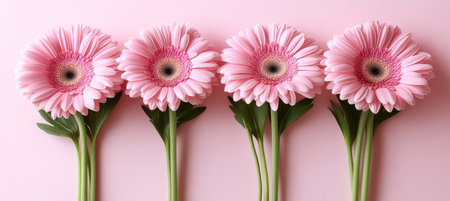 Four Pink Gerbera Flowers in a Row on a Pastel Pink Background, Minimalist Floral Arrangementの素材