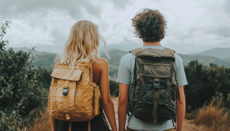 Young Couple With Backpacks Exploring Scenic Mountain Trail, Embracing Adventure And Loveの素材