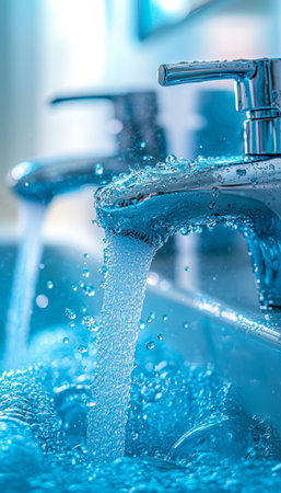Close-Up View Bathroom Faucet With Flowing Water, Creating Bubbles and Splashes, Filling Sink.の素材