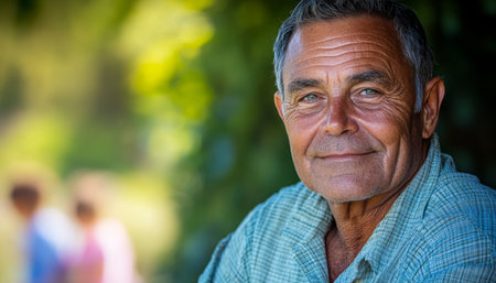 Contemplative Senior Man, with Soft Summer Background, Smiles Gently Peaceful Retirement Conceptの素材
