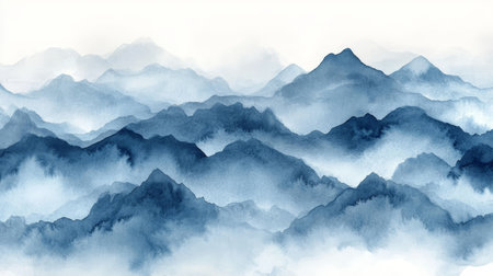Blue Watercolor Mountains, Misty Mountain Landscape Painting, Abstract Nature Wall Artの素材