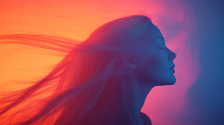 Woman, Duality, Creativity. Flowing Lines of Red. Abstract Portrait Creative Color Smoke, Beautyの素材