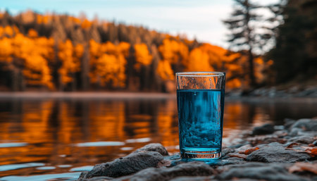 Glass of Blue Water by Lake with Autumn Reflection, Nature Background With Copy Space.の素材