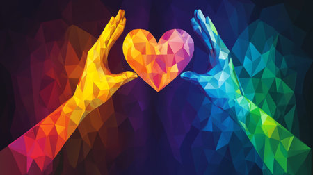 United Hands. Vibrant multi-colored hands hold a love heart on a dynamic geometric background.の素材