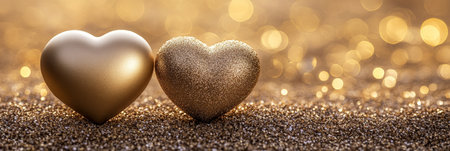 Two Golden Hearts On Sparkly Glitter Background With Bokeh For Romance Concept. Banner Size.の素材
