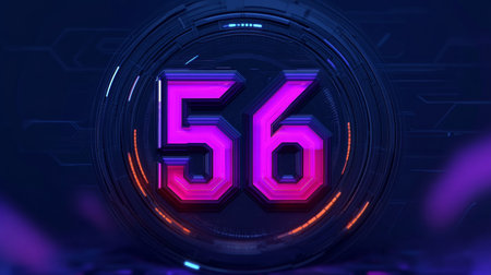 Futuristic Glowing Number 56 on a Dark Digital Background with Abstract Design Elementsの素材