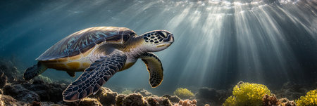 Green Sea Turtle Glides Through Sunlit Water, Coral Reef Habitat Below, Majestic Marine Lifeの素材