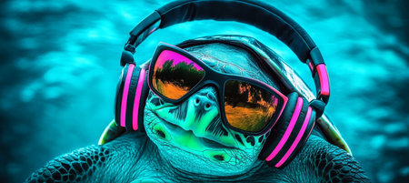 Underwater DJ Sea Turtle Rocks Out with Stylish Neon Sunglasses and Modern Headphonesの素材
