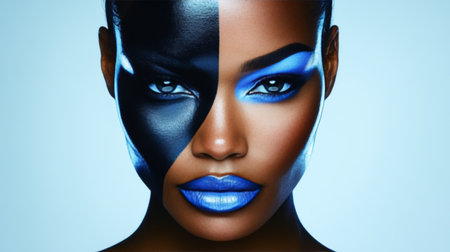 Duality of Self Artistic Black and Blue Makeup, Striking Pose, Woman Portrait on Blueの素材