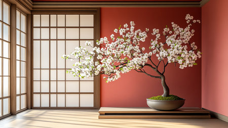 Serene Harmony Blooming bonsai in minimalist interior with red wall, embracing Zen-inspired designの素材