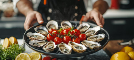 Chef Preparing a Gourmet Oyster Platter with Fresh Cherry Tomatoes in a Fine Dining Restaurantの素材