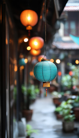 Traditional Chinese Paper Lanterns Hanging Outside as Alley Decoration Details,. Travel Photoの素材
