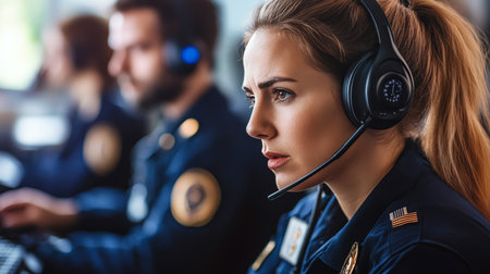 Focused Team Of Emergency Response Officers At Work In 911 Call Center, Public Safetyの素材