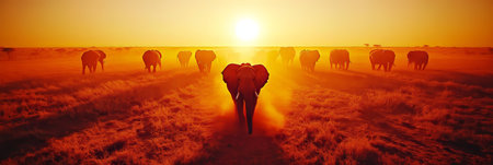 Elephants, Silhouetted By Glowing Sunset, Journey Together Across The Vast African Savannaの素材