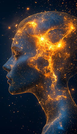 Woman Profile, Cosmic Mind Abstract Energy Flow, Imagination, Creativity And Duality Concept.の素材