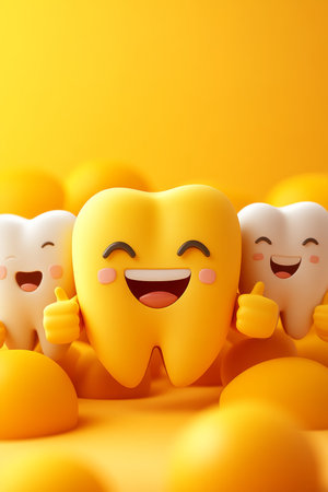 Happy, Healthy Teeth 3D Cartoon Characters Giving Thumbs Up on Bright Yellow Backgroundの素材