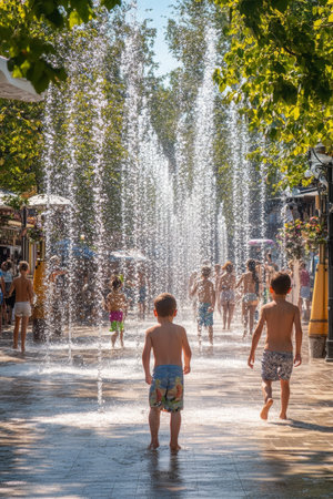 Joyful Summer Day Children Frolic and Cool Off in the Refreshing Water Jets at a Lively Park.の素材