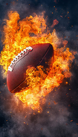 Fiery Football Explosion A Pigskin Engulfed in Intense Flames Against a Dramatic, Smokey Backdropの素材