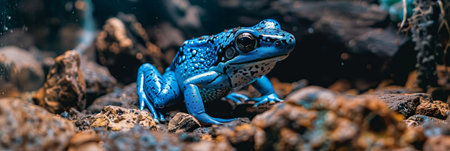 Vibrant Blue Poison Dart Frog Exploring Lush Rainforest Habitat With Dark Background.の素材