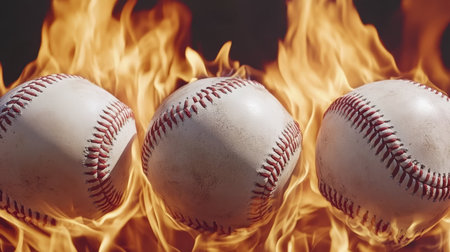 Three White Leather Baseballs Engulfed in Fiery Orange Flames, Sports, and Abstract Backgroundの素材
