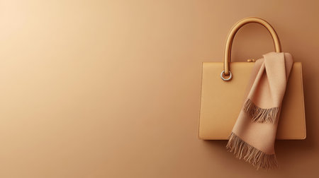 Elegant Mocha Handbag with Soft Scarf Classic Fashion Accessory on Seamless Neutral Backdrop.の素材