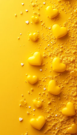 Buttercup Yellow Love Background, Romantic Pattern with Scattered Hearts and Golden Confettiの素材