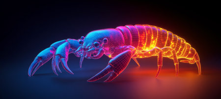 Glowing Neon Wireframe Scorpion or Crawfish Illustrating Futuristic Technology Conceptの素材