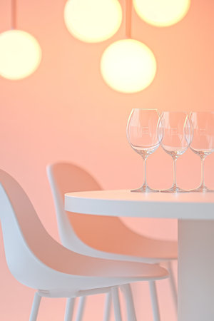 Minimalist Interior, Blurred Lights, Dreamy Work or Dining Space Backdrop, Modern White Chairs.の素材