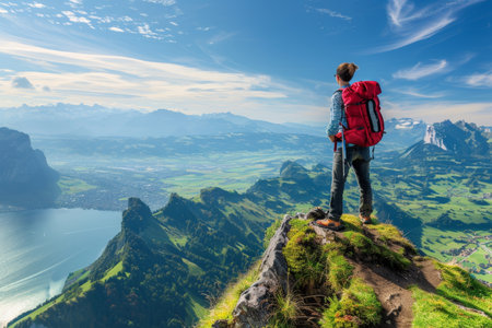 Triumphant Hiker Reaches Mountain Summit, Conquering Majestic Peak with Breathtaking Valley Viewsの素材