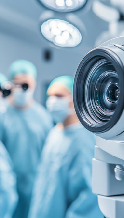 Surgical Precision Operating Room Team in Action, Focus on Foreground, Space for Textの素材