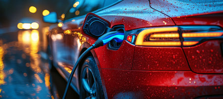 Electric Car Charging in City at Night. Red EV Plugged in with Street Lights Blurred Out, Rainの素材