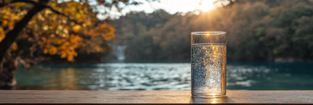 Glass Of Sparkling Water On Wooden Table At Lake, Beautiful Sunrise Background With Copy Space.の素材