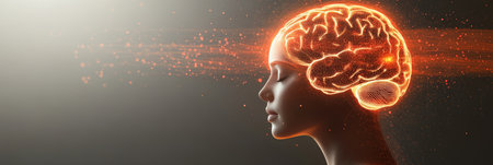 Woman with digitally enhanced glowing brain, abstract background, mental health concept.の素材