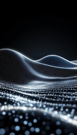 Abstract Wave Pattern with Interconnected Dots and Glowing Particles on Dark Backgroundの素材