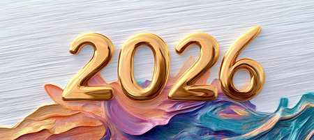 Gold Number 2026 On A White And Pastel Colored Abstract Background With Copy Space For New Year.の素材