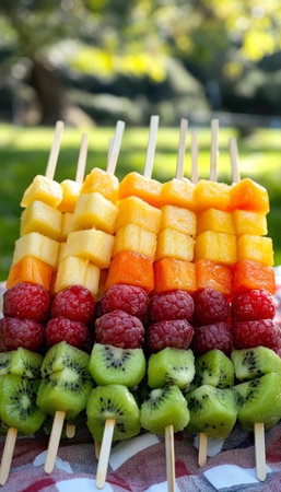 Fresh Fruit Kebabs, with Kiwi, Strawberries, Mango and Pineapple, for a Delicious Summer Picnic.の素材