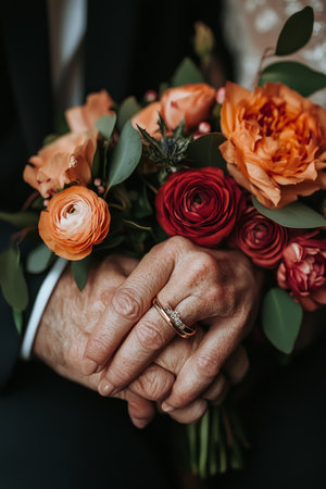 Close Up, Senior Couple s Hands, Intertwined With Wedding Rings, Holding Bridal Bouquetの素材