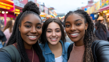 Three Young Women Smiling, Taking Selfie at Outdoor Music Festival Event with Crowd Backgroundの素材