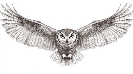 Soaring Owl Illustration Intricate Black and White Line Art for Coloring, Tattoos, and Designの素材