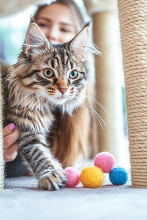 Playful Tabby Cat Enjoys Colorful Toys with its Owner, Cat Tree Fun in a Cozy Home Setting.の素材