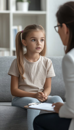 Young Girl Talking to Therapist, Children s Mental Health Session, Support and Counselingの素材
