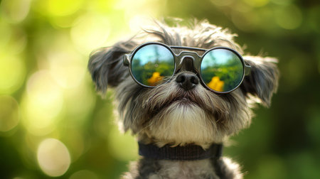Canine Cool Closeup of Dog in Oversized Mirrored Aviators, Reflecting Vibrant Backgroundの素材