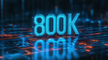 800K, Glowing 800,000 Digital Number on Electronic circuit Board Technology Background,の素材