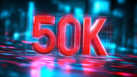 Glowing Futuristic Red 3D Number 50K On Digital Background For Celebration And Marketingの素材