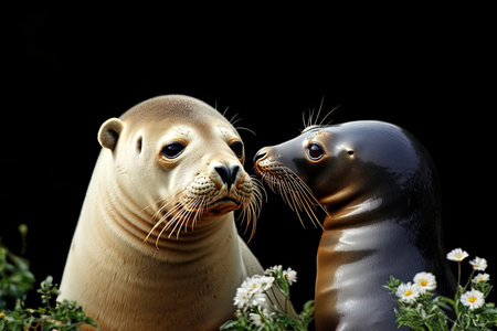 Tender Moment Affectionate Parent and Baby Seals Share a Close Encounter on Black Backgroundの素材