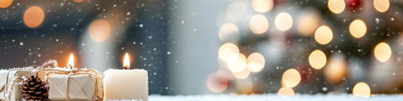 Christmas Gifts, Candles and Pine Cones in Snow with Blurry Lights and Fireplace Backgroundの素材