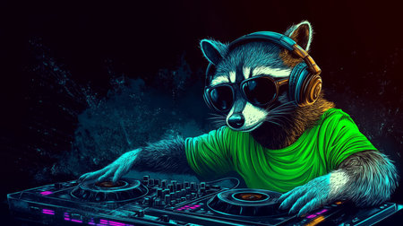 Cool Raccoon DJ Wearing Headphones and Sunglasses, Mixing Music on Turntables at a Neon Partyの素材