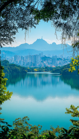 Serene Cityscape Reflection, Tranquil Lake Framed by Lush Greenery, Urban Oasis Sceneryの素材